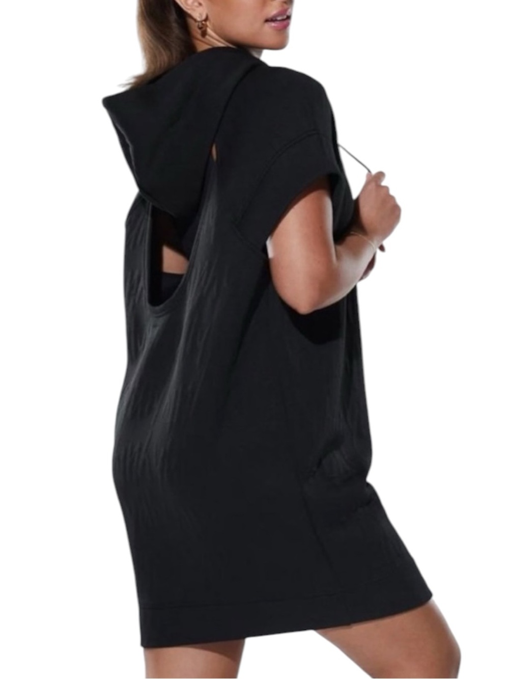 Yitty Black Logo Jacquard Hooded Mini Dress Size M Open Back Athleisure NWT
